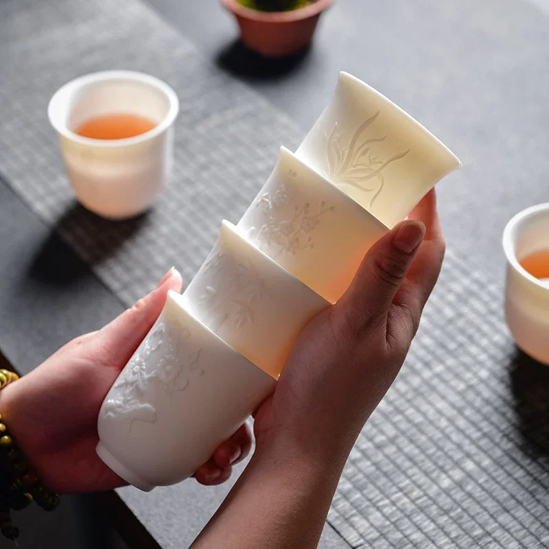 Chinese White Porcelain Tea Cup Hand Three-dimensional Relief Tea Bowl Large Capacity Set Accessories Master Cup