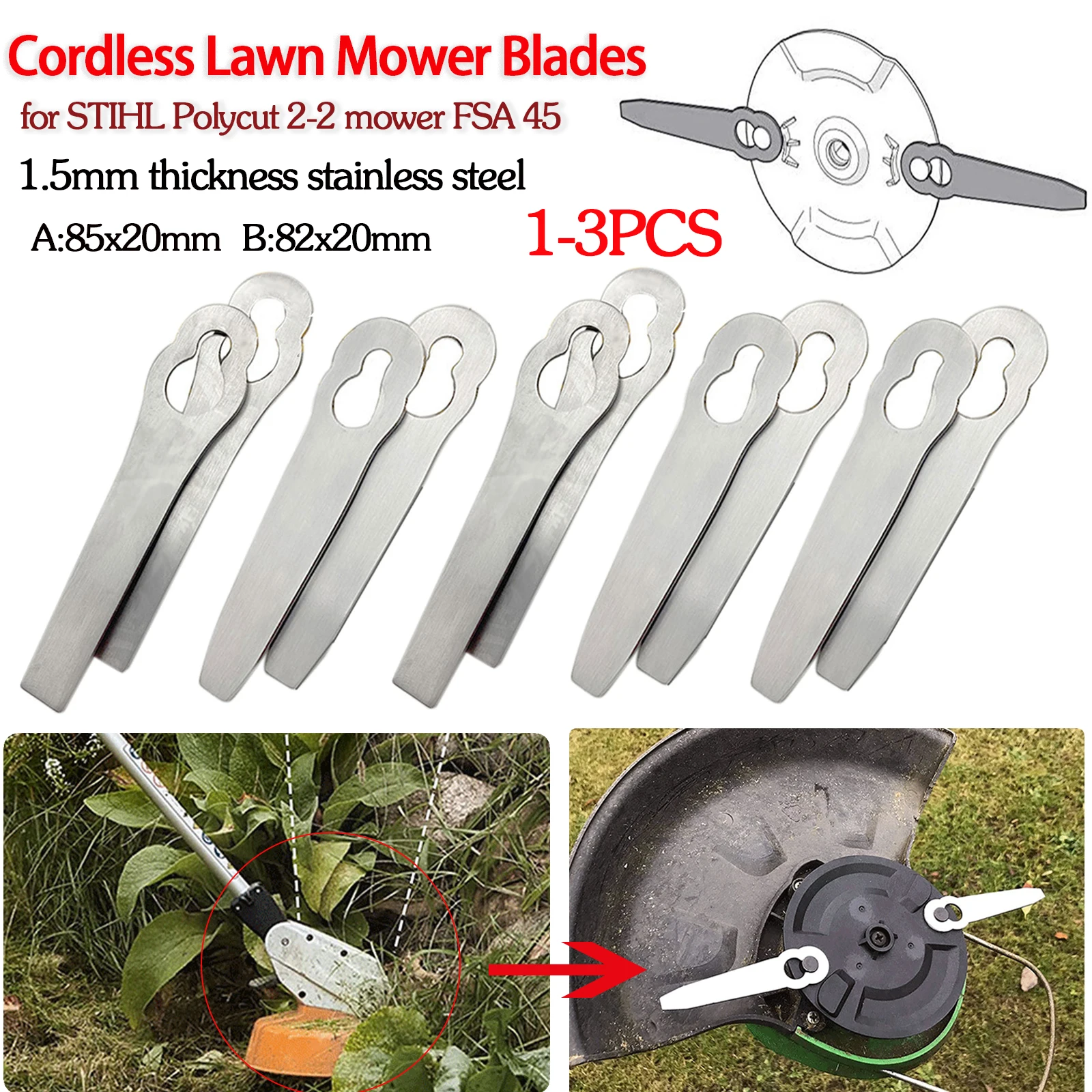 1/3Pcs Stainless Steel Replacement Blades Spare Knives For STIHL FSA 45