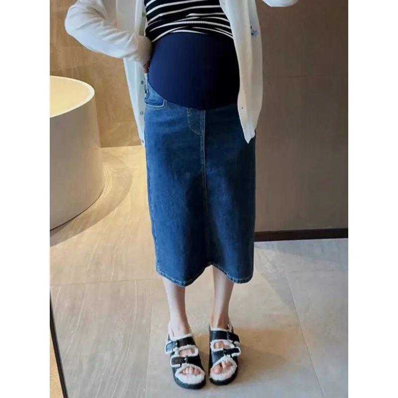 Maternity Denim Skirts High Waist Back Split A-Line Ankle-length