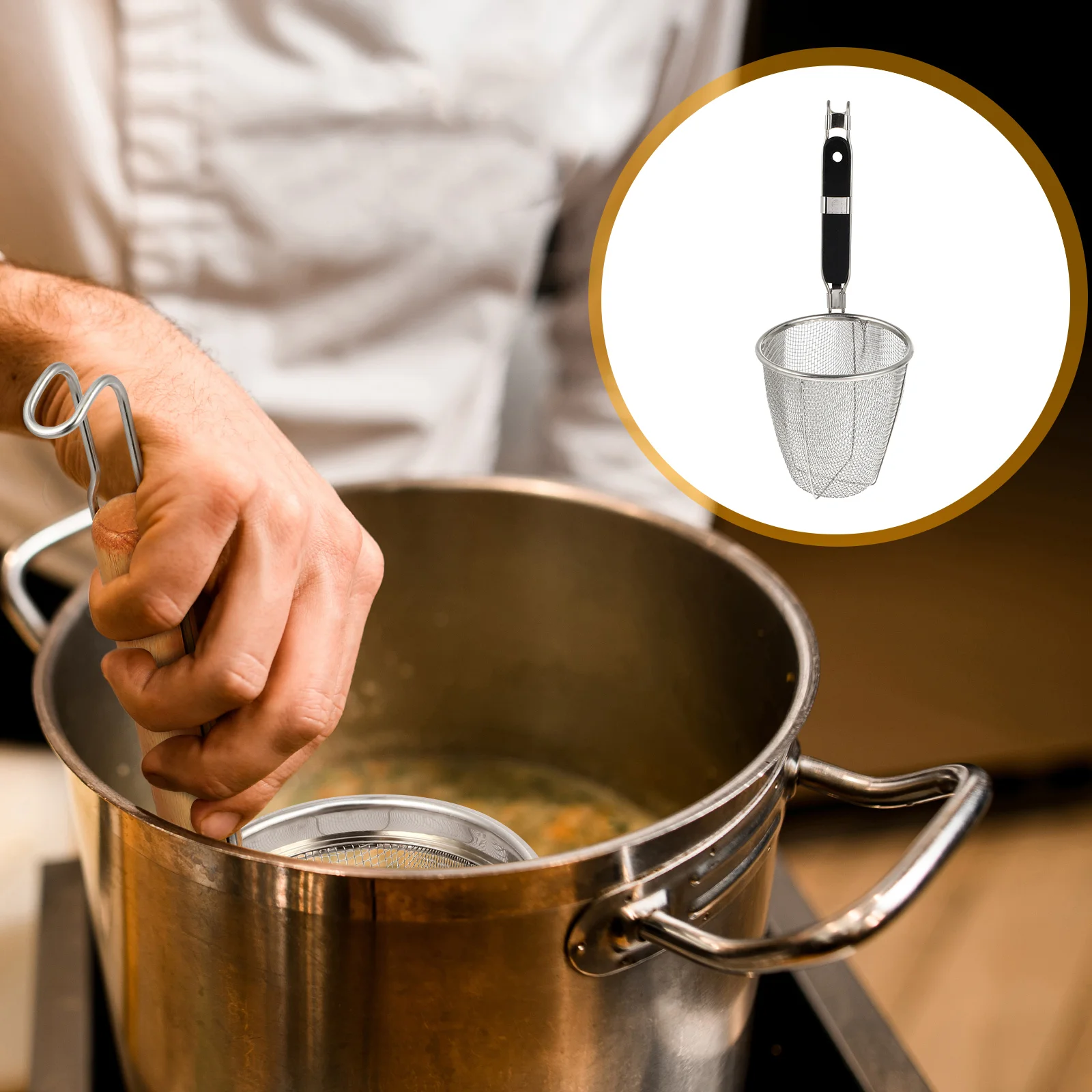 

Stainless Steel Strainer Basket Wire Mesh Food Skimmer Kitchen Sieve Noodle Spoon For Pasta Dumpling Noodle (Black Handle)