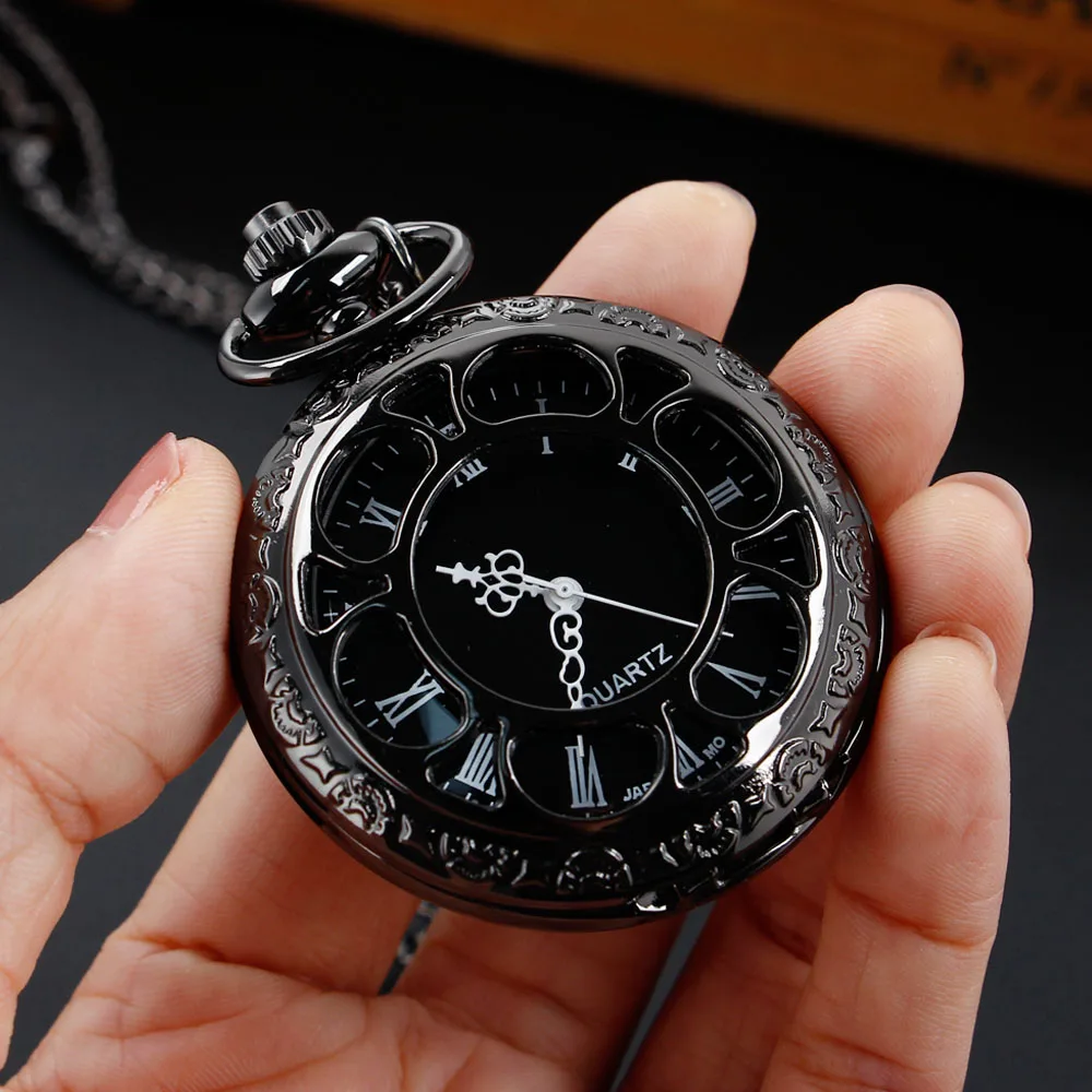 New Hollow Black Vintage Quartz Pocket Watch Alloy Material Casual Fashion Steampunk Pockets Chain Watches Gift For Men Women