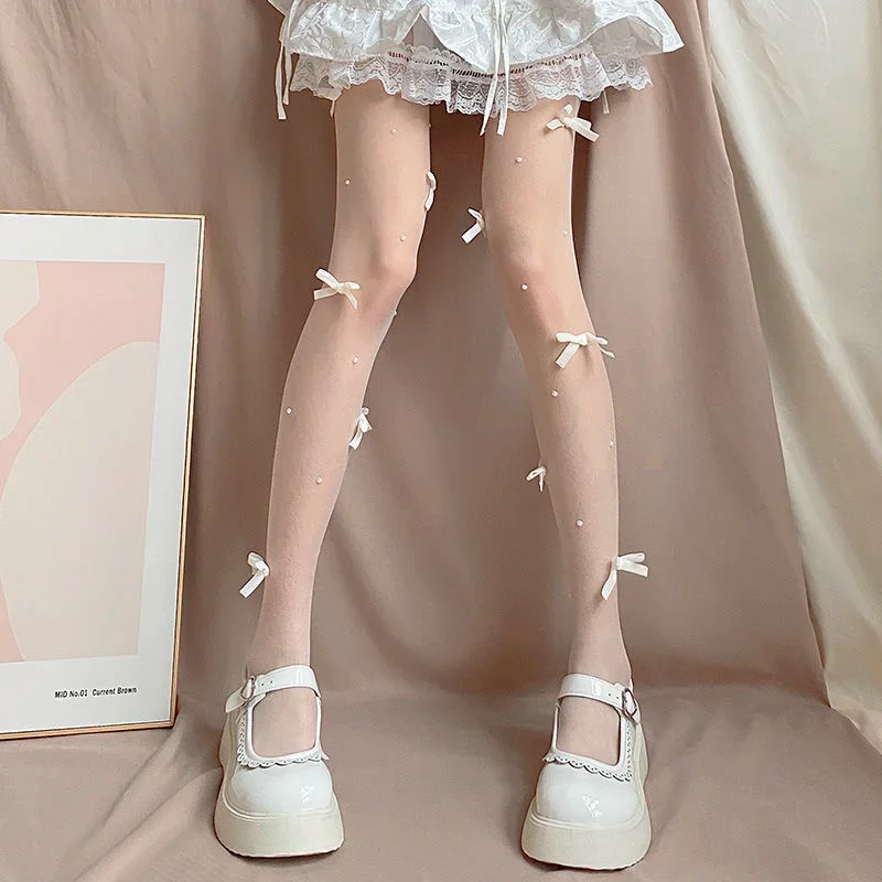 Maternidad Mujer Velvet Bow Pearl Embroidery Body Stockings Tights Pantyhose Girls Nylon Japan Styles Lolita Колготки Medias 2