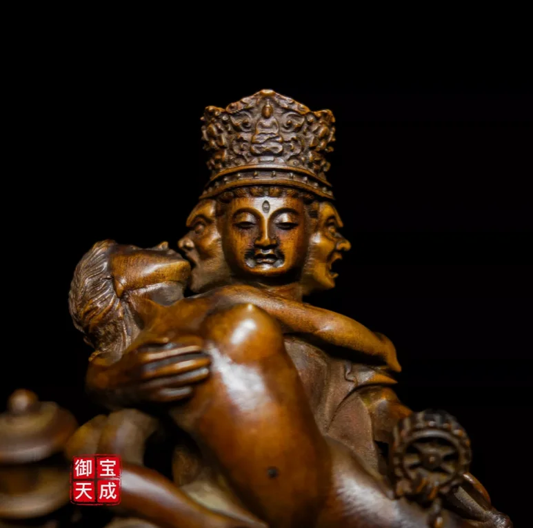 china 6" Tibet Buddhism Boxwood Wood Carving Yab-Yum Mandkesvara Buddha Statue 5