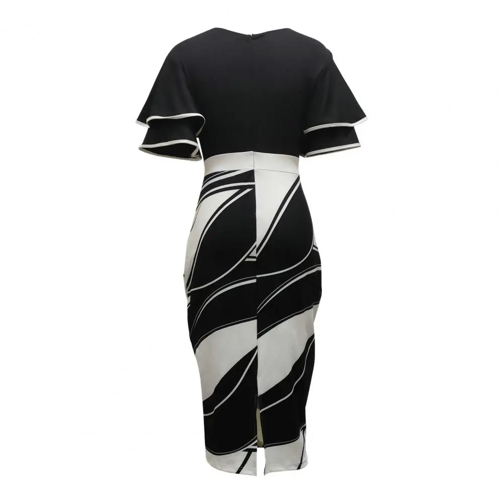 

Women Printed Dress Elegant Floral Bow Decoration Women's Dress with Lotus Leaf Sleeves for Office Lady Work Dress