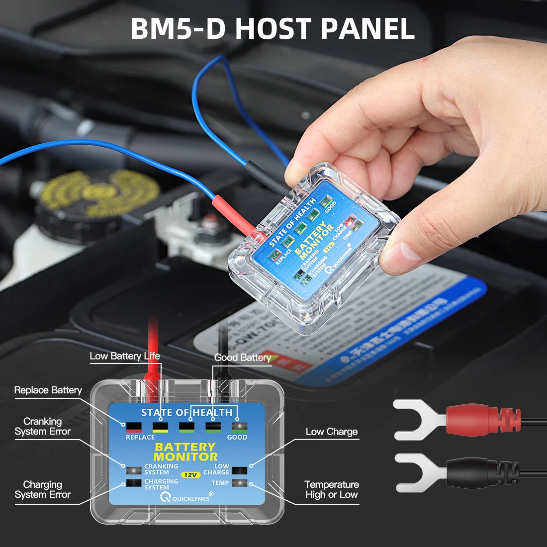 QUICKLYNKS BM5-D 12V LED Battery Tester Monitor Head Up Display Waterproof Battery Health Tester Analyzer Charging Tool