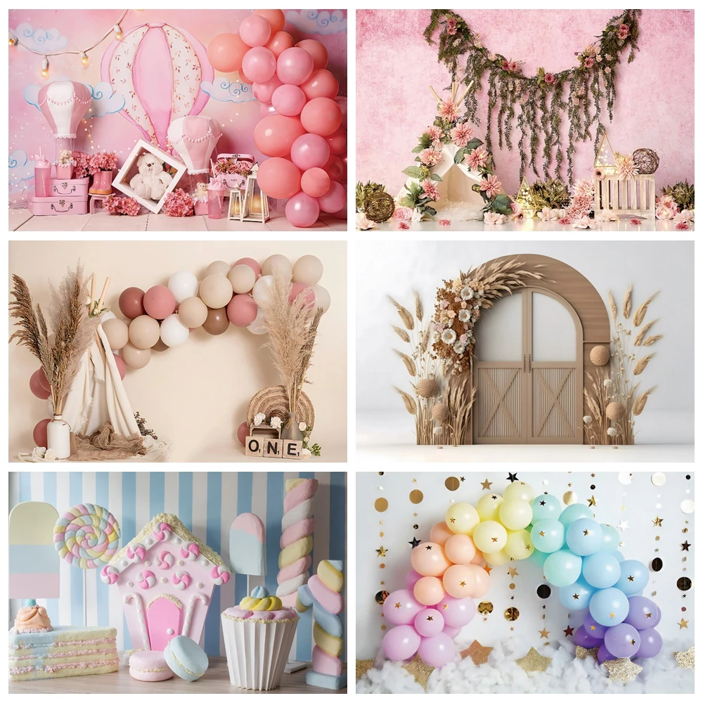 

Newborn Baby 1st Birthday Backdrop Bohemian Boho Balloon Tent Cake Table Decor Photo Background Baby Shower Photography Props