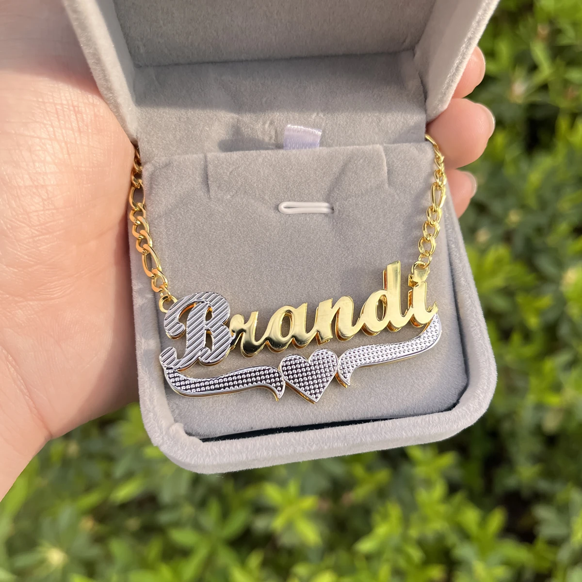 Two Tone 18K Gold Plated Name Necklace Personalized Double Plate 3D Names Necklaces With Heart Custom Stainless Steel Jewelry