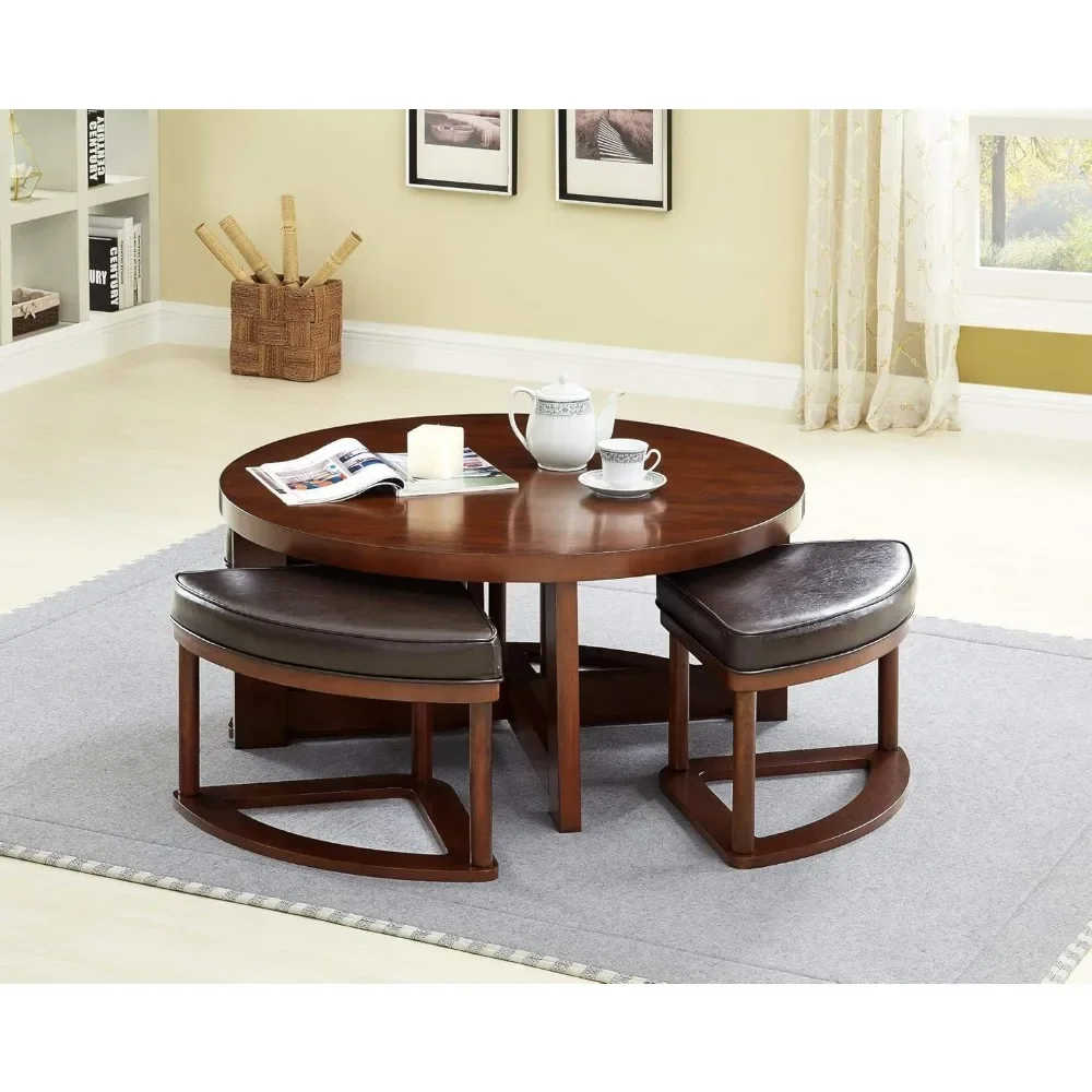 Coffee Table Set, Round Tables with 4 Upholstered Nesting Stools, Space-Saving Design, 5-Piece Coffee Table Set 2