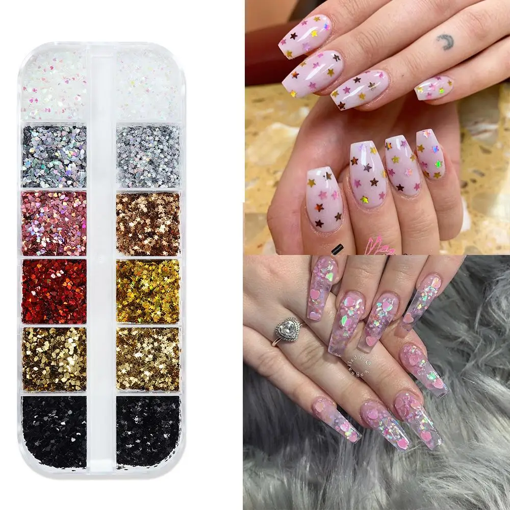 3D Mini Heart/Star Nail Glitter Sequins 12Grids 1mm Holographic Love Pentagram Flakes Nail Art Decorations