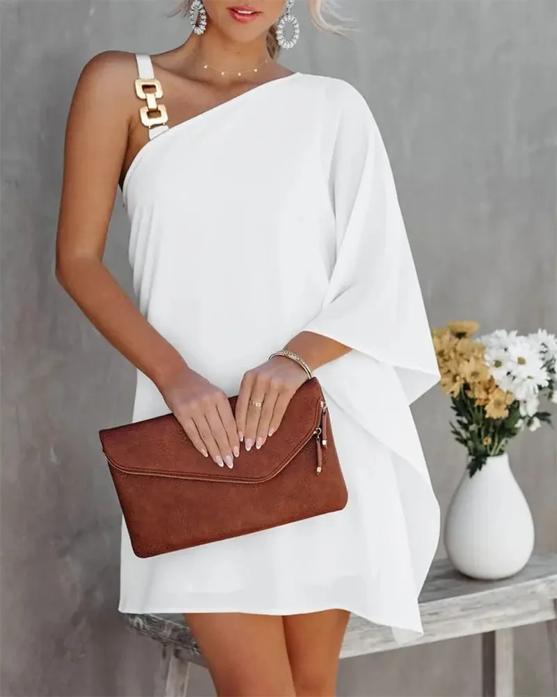 

2022 European And American Amazon Fashion New Women's Printed Colorblock Chain Asymmetric Neckline Casual Dress Long Dresses