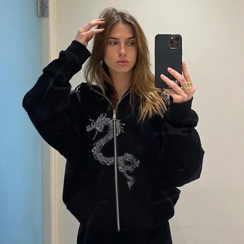 Chinese Style Dragon Pattern Hot Rhinestone Jacket Hoodie Women Loose BF 90s Aesthetic Long Sleeve Sweatshirt 2024 Autumn E Girl 2023 autumn rhinestone angel wings pattern v neck tops and drawstring cuffed pants set for women daily commuting