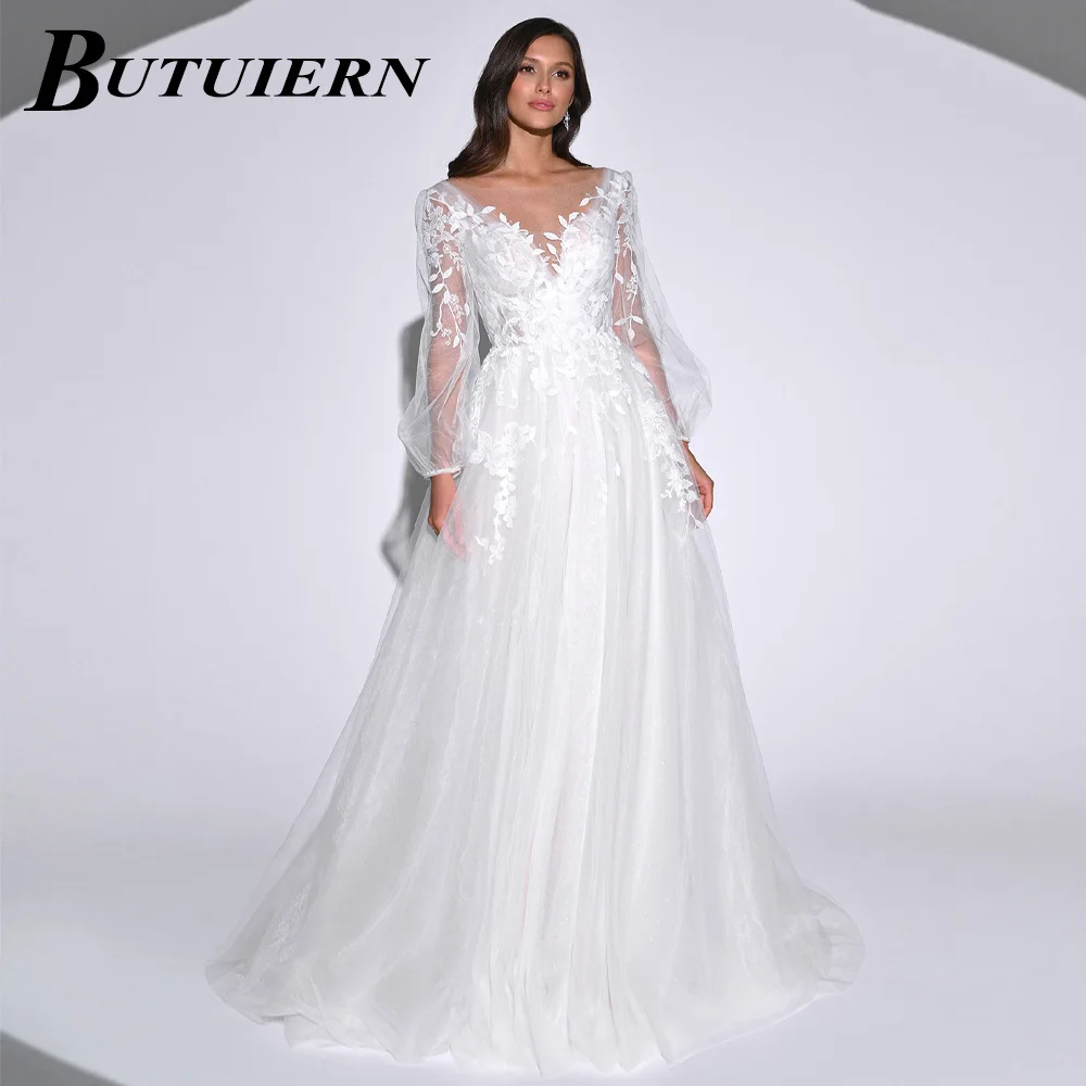 

COZOK свадебное платье с аппликацией кружевное алиновое свадебное платье с круглым вырезом с пуговицами сзади пышные рукава со шлейфом женское персонализированное платье