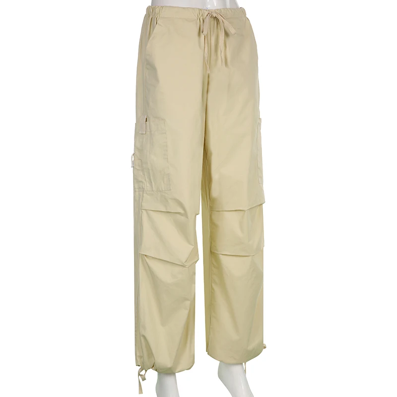 Weekeep Light Khaki Cargo Pants Streetwear 100% Cotton Big Pocket Patchwork Casual Pants Drawstring Low Waist Baggy Trouser Lady