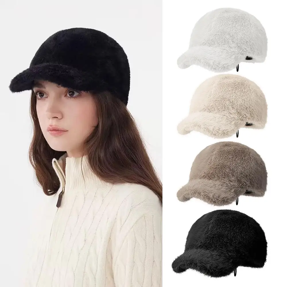 Faux Fur Baseball Cap Solid Color Warm Plush Thick Adjustable  Outdoor Warm Winter Cap Soft Fluffy Hip-Hop Hat Visor Peaked Hat