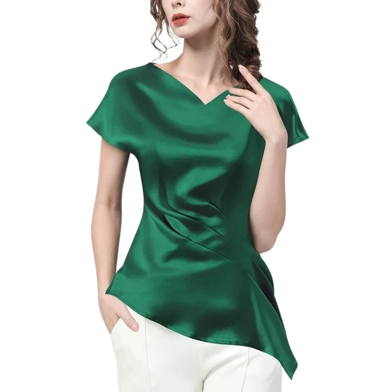 

Летние топы с рукавами реглан, Элегантная Модная атласная Асимметричная Приталенная футболка со складками, Женская Офисная сатиновая блузка, Y2k одежда, блузы