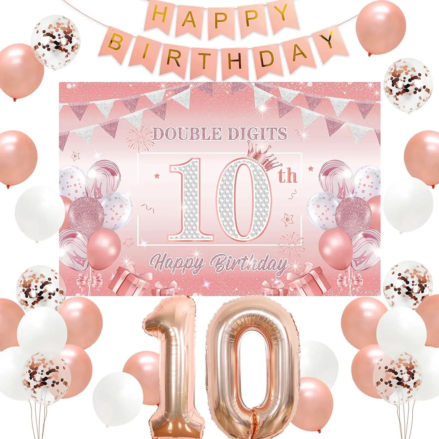 

Happy 10th Birthday Decorations for Girls Rose Gold Double Digits Backdrop Banner Number 10 Foil Balloon 10th Birthday Supplies