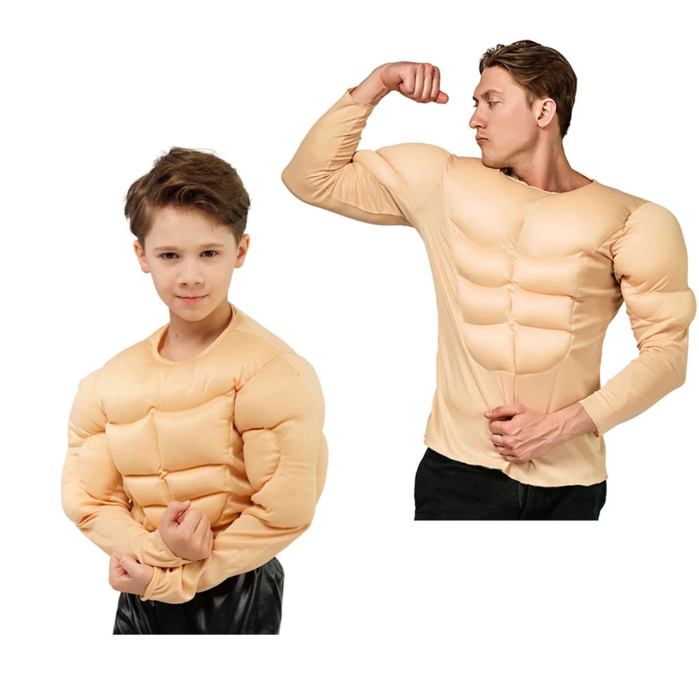 

Adult Kids Hero Fake Muscle Suit Men Boys Halloween Role-playing Funny Superhero T-shirt Party Dress Up Cosplay Costumes