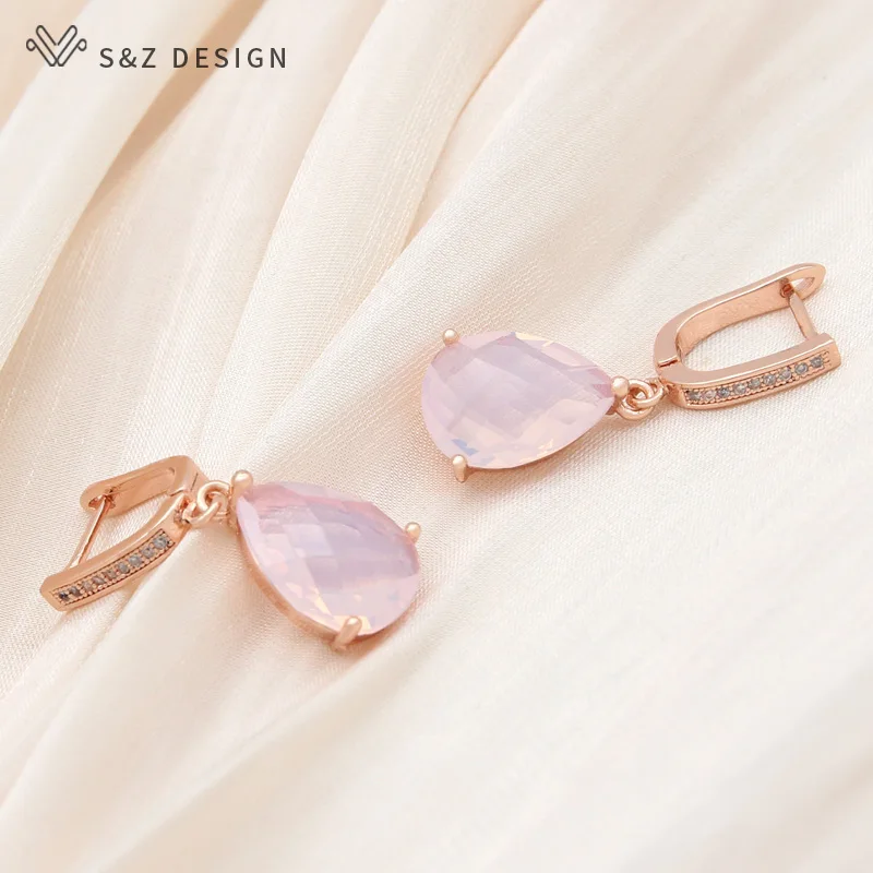 S&Z DESIGN New Fashion 585 Rose Gold Color Water Drop Cubic Zirconia Dangle Earrings For Women Wedding Party Classic Jewelry