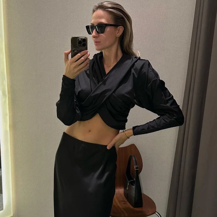 Fashion Satin Hoodie Y2k Top For Women Long Sleeve Bandage Patchwork Solid Sexy Vintage Cropped Top Ladies Crop top Tee