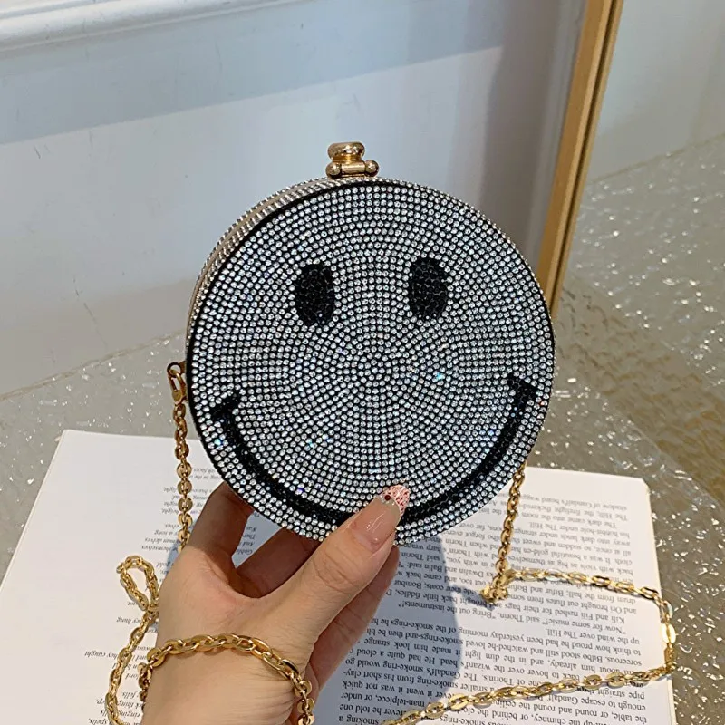 

Brand Design Fashion Box Bag 2023 New Chain Bag Mini Cute Round Bag With Diamond Smiling Face One Shoulder Women's Bag