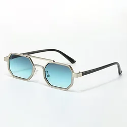 Chic Dual - Tone Square Metal Sunglasses with Gradient Blue Lenses (Green)