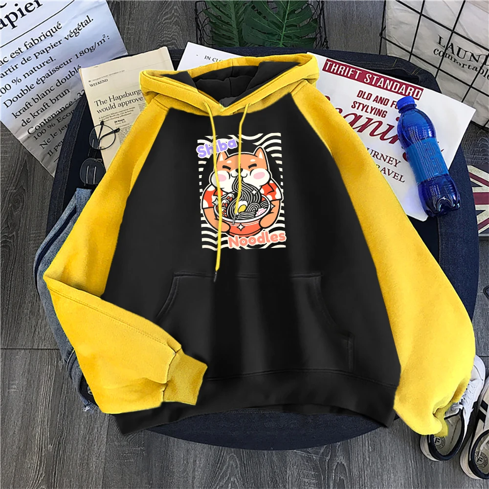 

Noodle Shiba Inu Cute Japanese Dog Eating Ramen Hoodie O-Neck Loose Raglan Pullover Autumn Fleece Womens Pullover Harajuku Tops