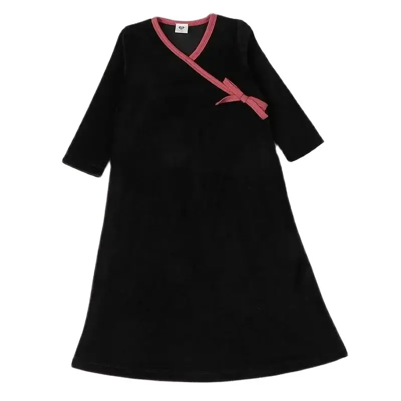 Mädchenkleid mit Langen Ärmeln Kinderkleidung Schwarzes Velours Winterkleid für Mädchen Kinderbekleidung Kontrastbesatz Kinder Winterkleid V-Ausschnitt