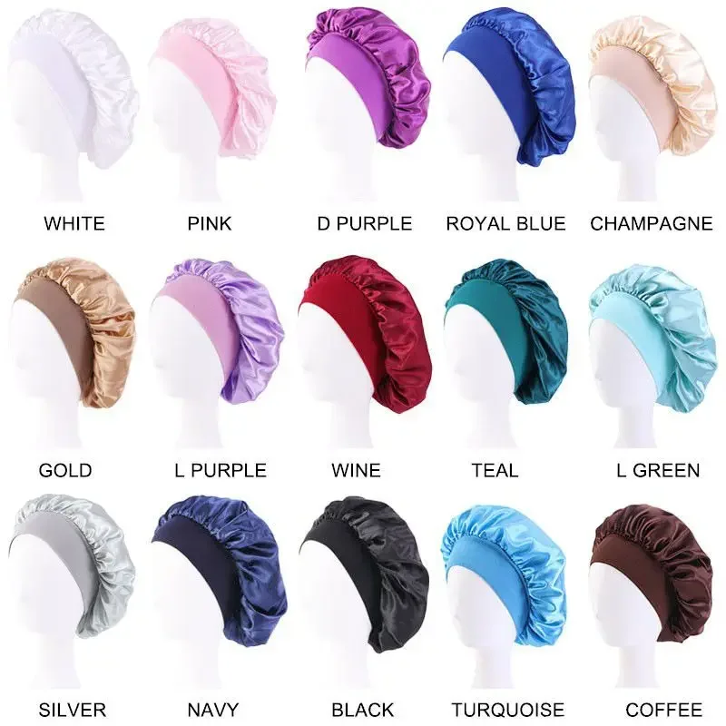 Women's Satin Solid Wide-brimmed Sleeping Hat Unisex Head Wrap Elastic Band Cap Hair Care Bonnet Night sleeping hat