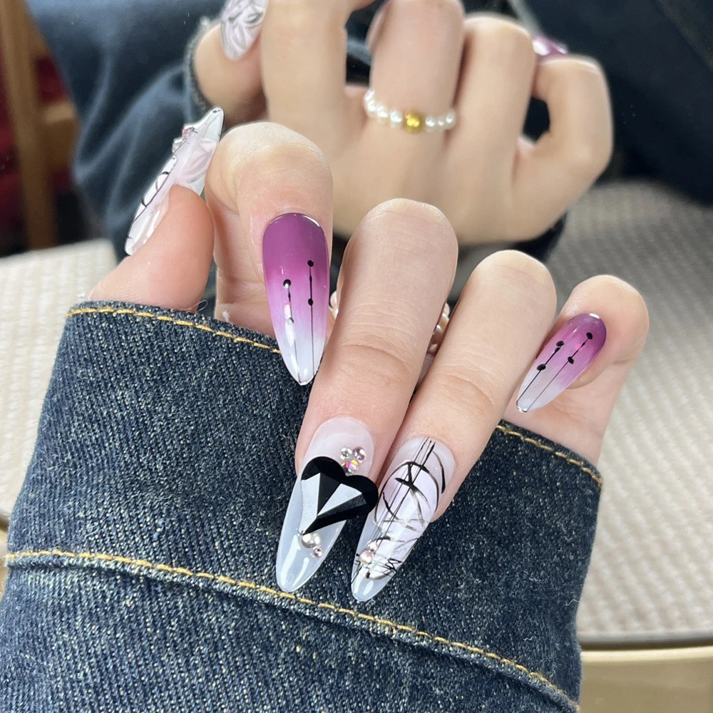 10 Purple Fake Nail y2k Handmade Press On Nails Cool Luxury Black Diamond Butterfly Drawing Full Cover Tips Artificial Manicure