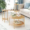 3-piece Boho coffee table set with hand-woven natural rope, 2-story wooden round coffee table and end table set with metal frame 1