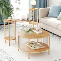 3-piece Boho coffee table set with hand-woven natural rope, 2-story wooden round coffee table and end table set with metal frame 1