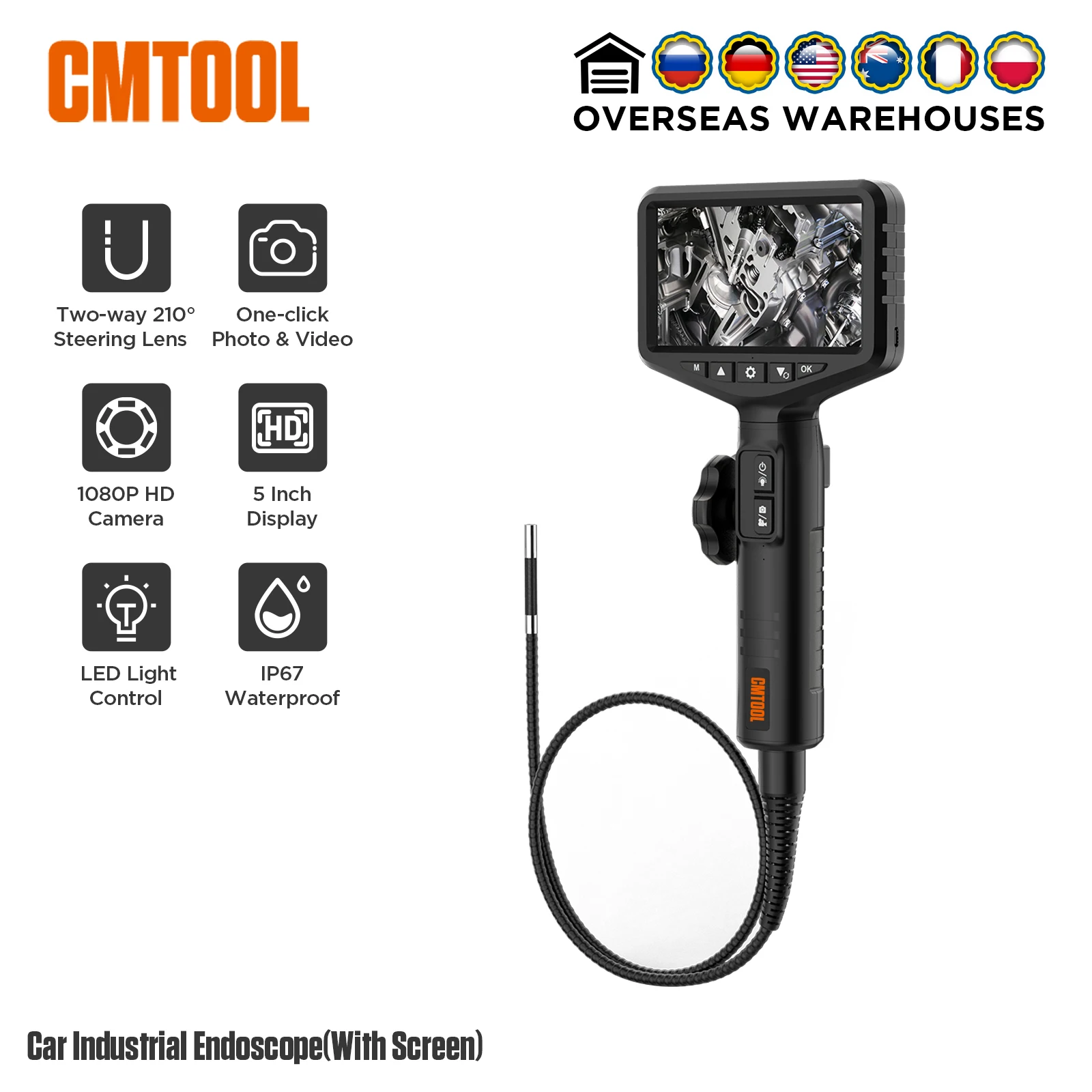 

CMTOOL 6.35MM 210 Degree Steering Articulate Car Industrial Endoscope Dual Lens Camera 1080P HD Screen Waterproof for PC&Phones
