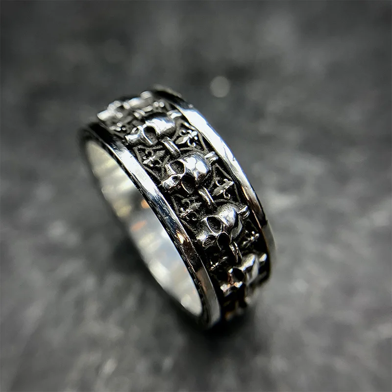 Punk Gothic Retro Engraved Horror Multiple Skulls Open Ring Men's Halloween Trend Cosplay Wearing Prop Motorcycle Ring Wholesale