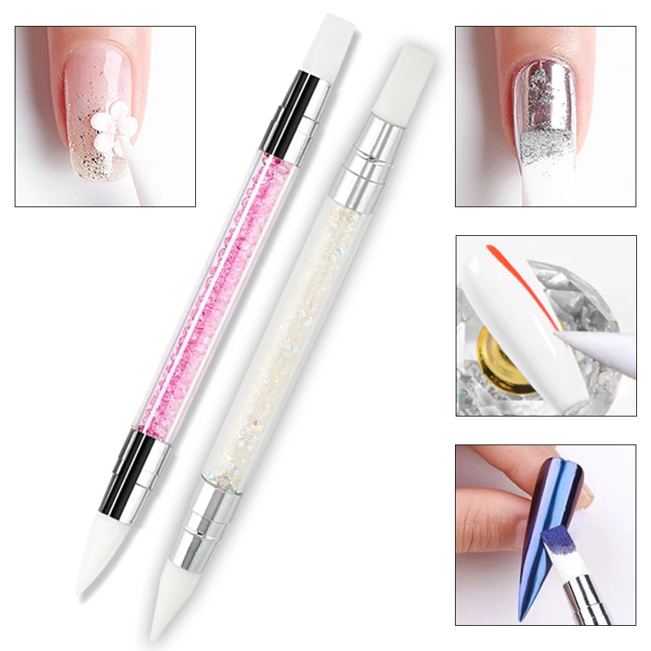 

1pc Dual Ended Pen 2 Ways Nail Art Carving Pencil Silicone Head Glitter Powder Sticker Dotting Brush For 3D Manicure Art Tools