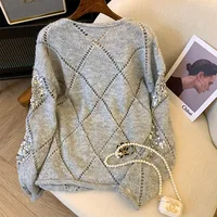 Woman Hollow Knitted Sweater Sequins Solid Glitter Knitting Blouse Long Sleeve Pullover Blouses Female Lady Beach Club Outfit - Image 4