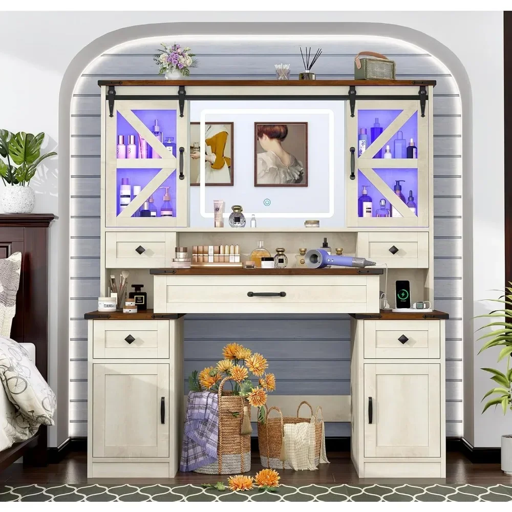 Farmhouse Vanity Desk with Mirror and Lights, Charging Station&Storage Drawers & Sliding RGB Cabinets, 45.9" Makeup Vanity Table 5