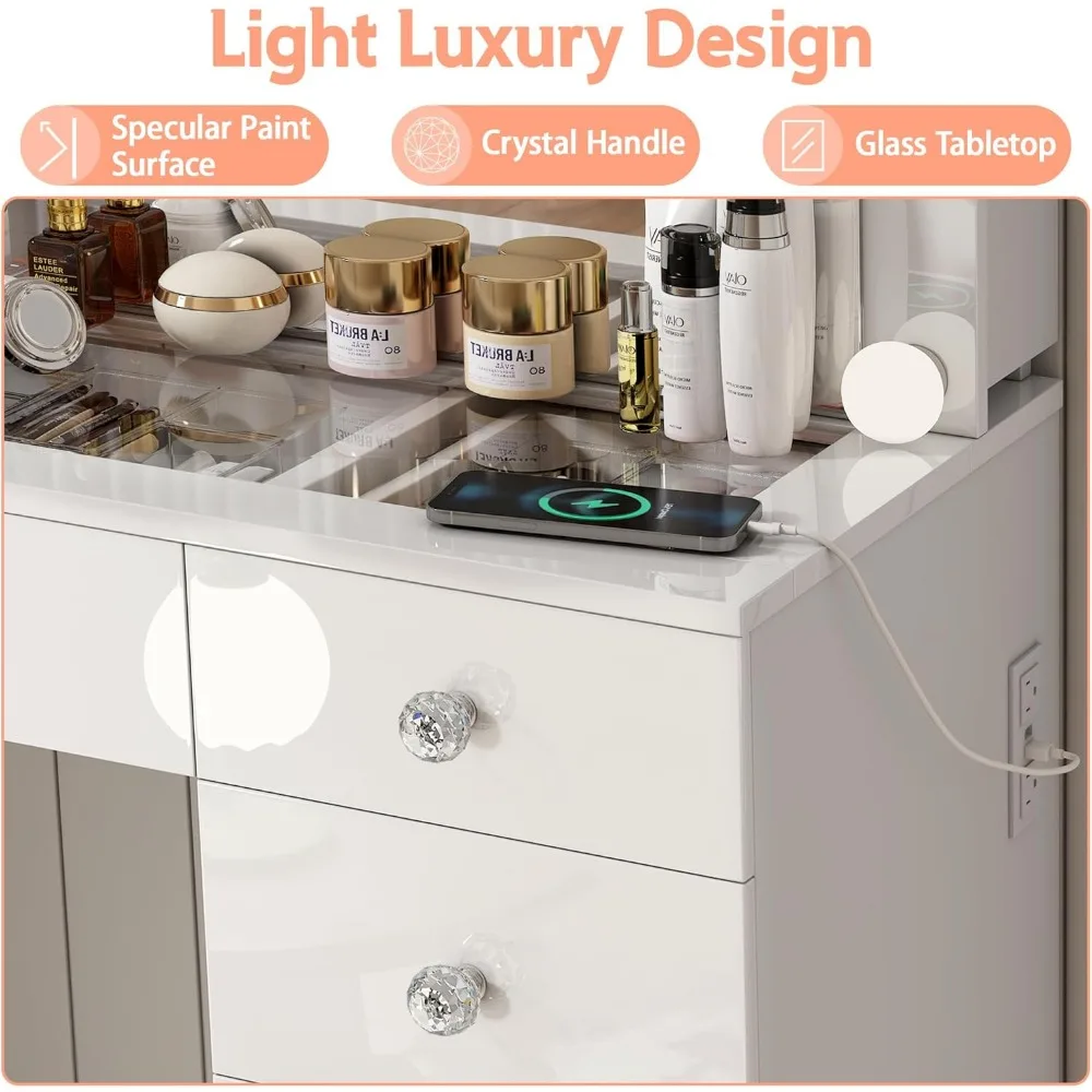 Vanity Desk with Power Outlet, Makeup Vanity with Mirror and 14 LED Light, 3 Lighting Modes,11 Drawer Vanity Table with Sl 6