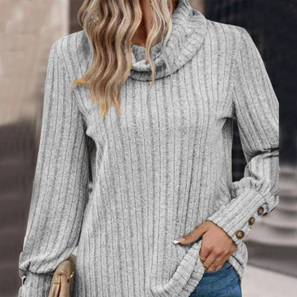 

Elegant Women Ribbed T-Shirt Roll High Turtle Neck Long Sleeve Solid Casual Tops Blouse Fashion Clothing 2023