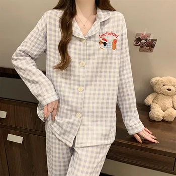 التطريز متعة الكرتون المرأة منامة مجموعة Harajuku نمط الحلو لطيف 2 دعوى مجموعة ملابس خاصة 2025 الخريف الشتاء لينة منامة مجموعة 4