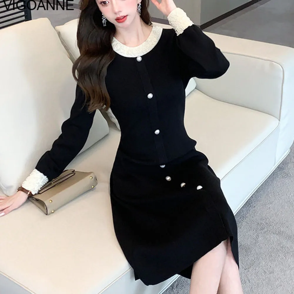 VigoAnne 2025 Female Spring Autumn Solid Knit Dress Woman Long Sleeve O Neck Knitted Dresses Lady Party Tight Long Sweater Dress 4