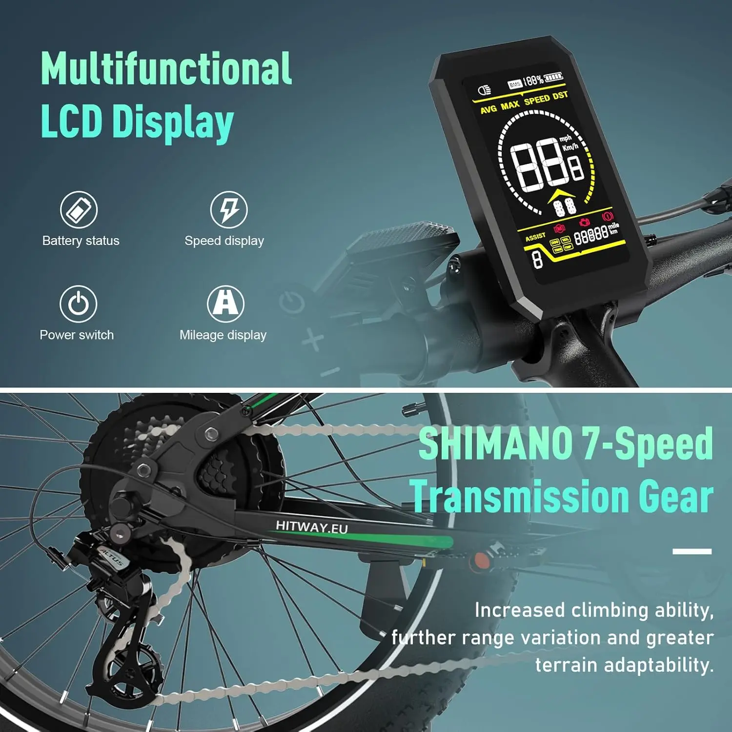 Hitway 26 "4,0 Fett reifen Elektro fahrrad, Elektro fahrrad mit 250Watt Motor 48V 15ah Lithium batterie, 7-Gang-Getriebe und Mountainbike 6