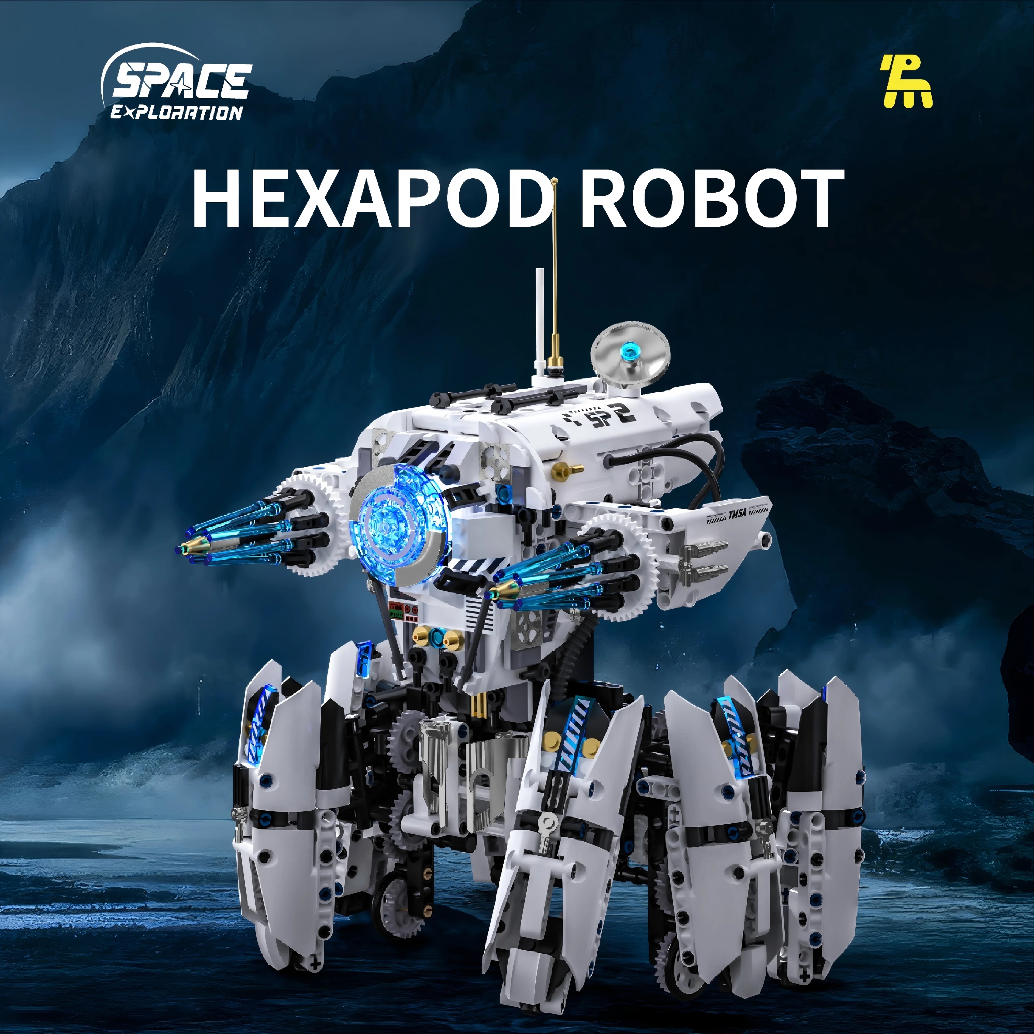 Gros plan sur le Robot Hexapode à 6 Pattes : Kit de Construction STEM avec Double Commande, montrant les connecteurs et les pièces d'assemblage.