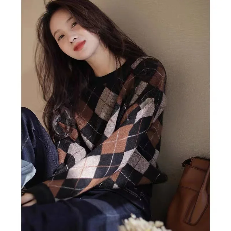 여성용 두꺼운 라운드 넥 캐시미어 니트웨어, 마름모 패치워크 색상, 루즈 슬리밍 대형 울 베이스 스웨터, 가을 및 겨울