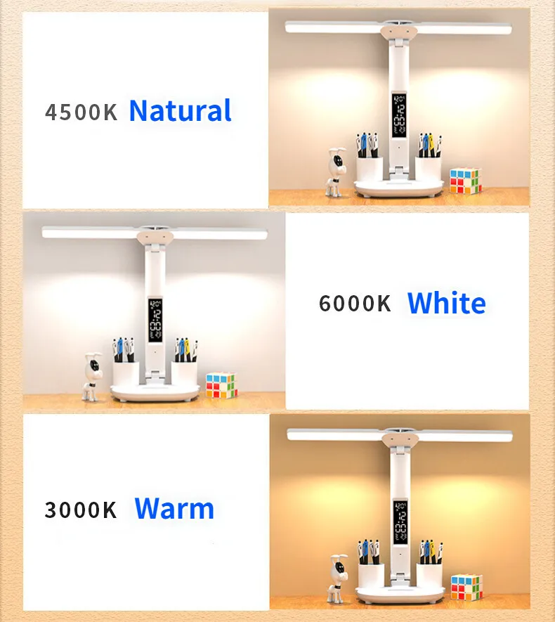 Description Picture 6 of itemLED Clock Table Lamp USB Chargeable Touch Desk Lights 2  Heads  180 Rotate Foldable Eye Protection Desktop Reading Night  Lights