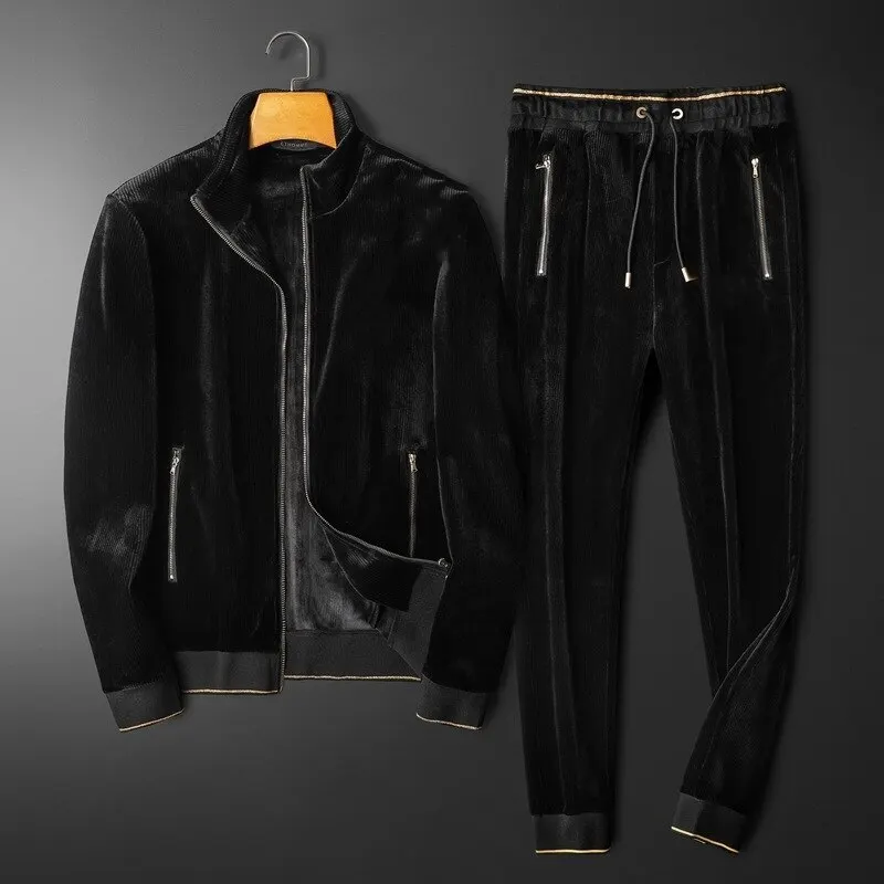 

Men's Plus Velvet Thickened Sports Suit Winter Double-sided Velvet Embroidered Two-piece Men's Gold Velvet Large size Tide