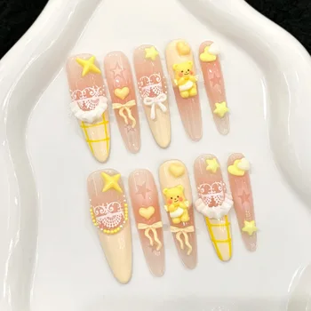 10PCS Cute Yellow French Handmade False Nail Pink Blush Long Almond with 3D Bear Bowknot Design Fake Nail Wearable Press on Nail