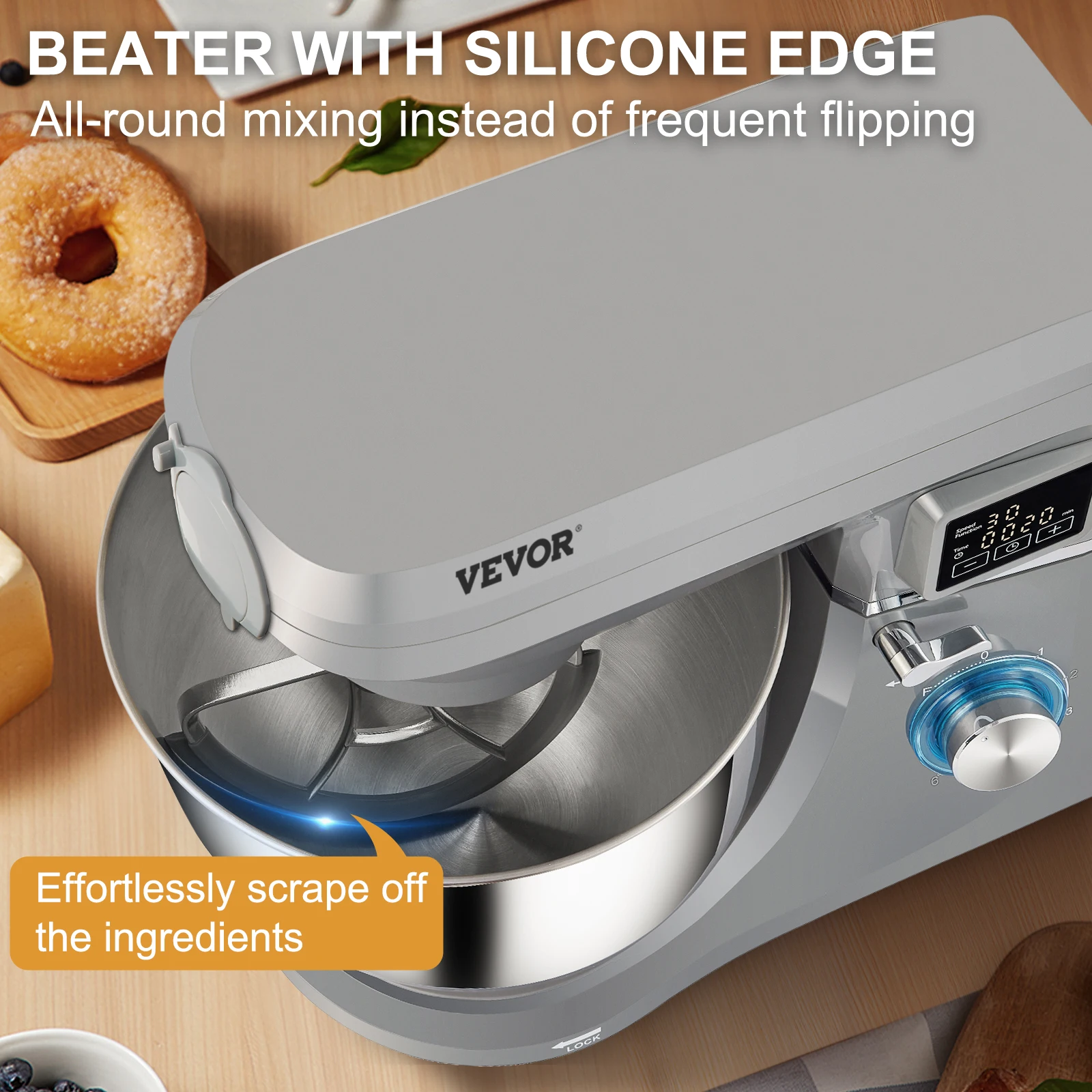 VEVOR 5 IN 1 Stand Mixer Tilt-Head Multifunctional Electric Mixer w/ 6 Speeds LCD Screen Timing 7.4 Qt Stainless Bowl Dough Hook 5