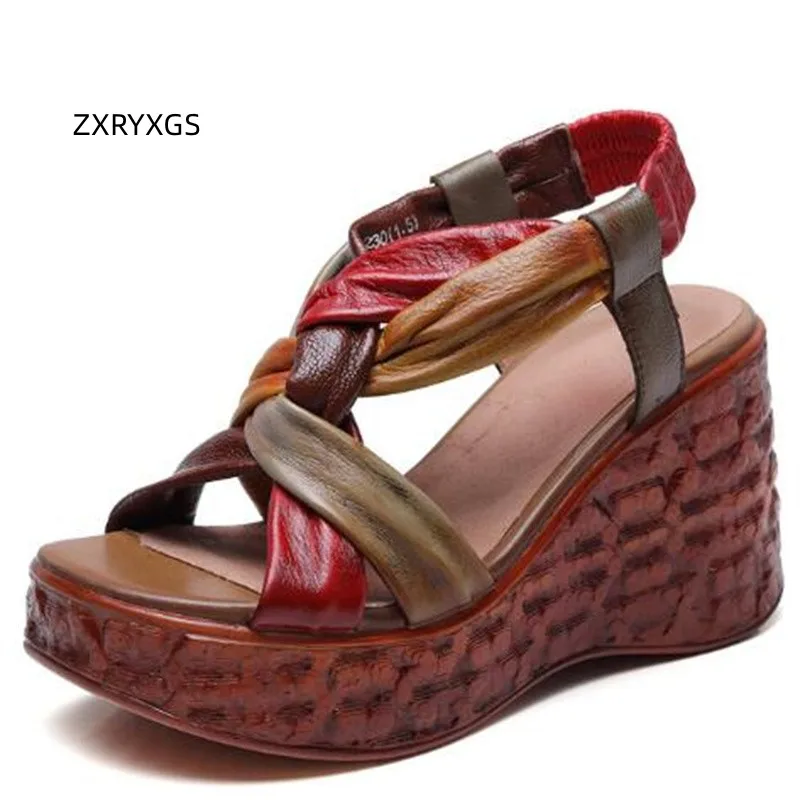 

ZXRYXGS Summer Fashion Sandals Women Shoes 2023 Spell Color Premium Full Real Leather Sandals Wedges Platform High Heel Sandals