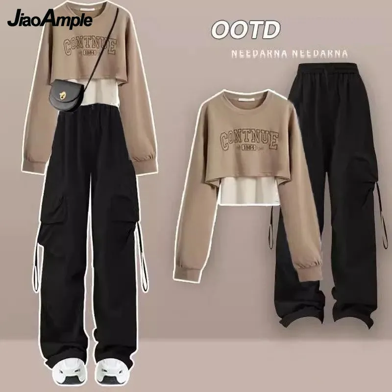 Women's New Matching Set 2024 Spring Fashion Loose Short Sweater Top Cargo Pants Two Piece Korean Elegant Casual Tracksuit Suit