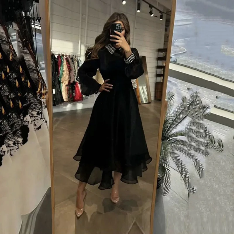 Vestidos pretos de manga comprida para mulheres, frisado O-Neck, árabe saudita, comprimento do chá, vestido de festa, vestido de baile, ocasião formal